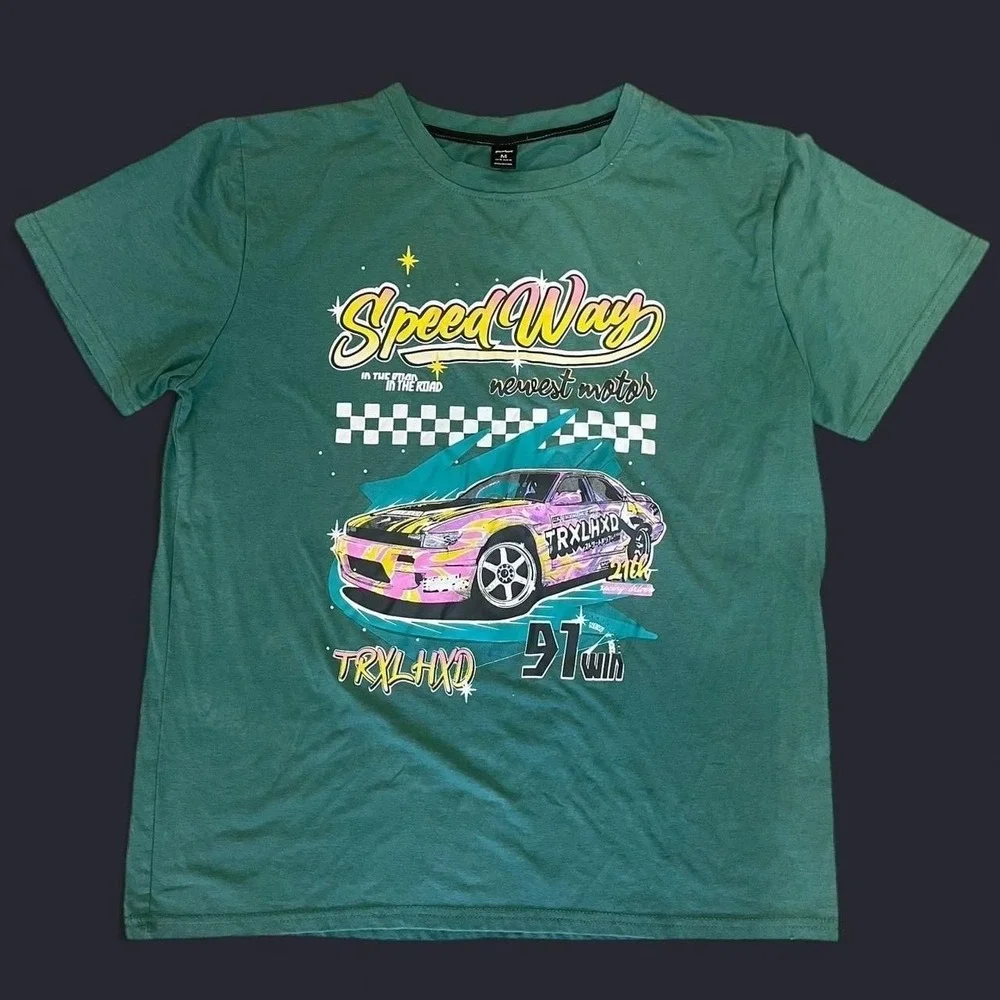 Romwe Speed Way Racing Car Graphic T-Shirt, Green, Men's Size M - Y2K Style